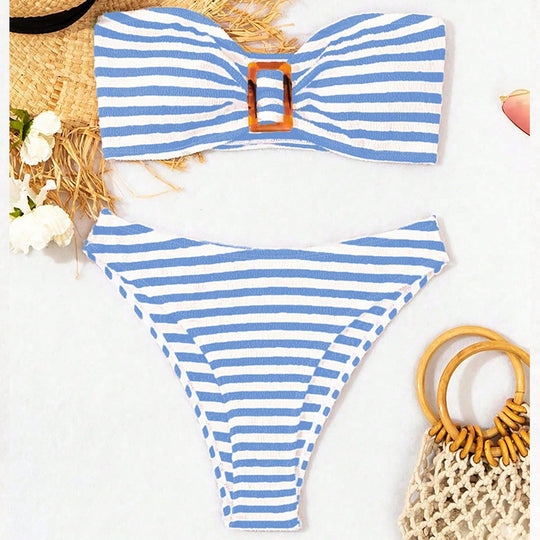 Damen Bandeau-Bikini mit gestreiftem Design und modischer Schnalle EB