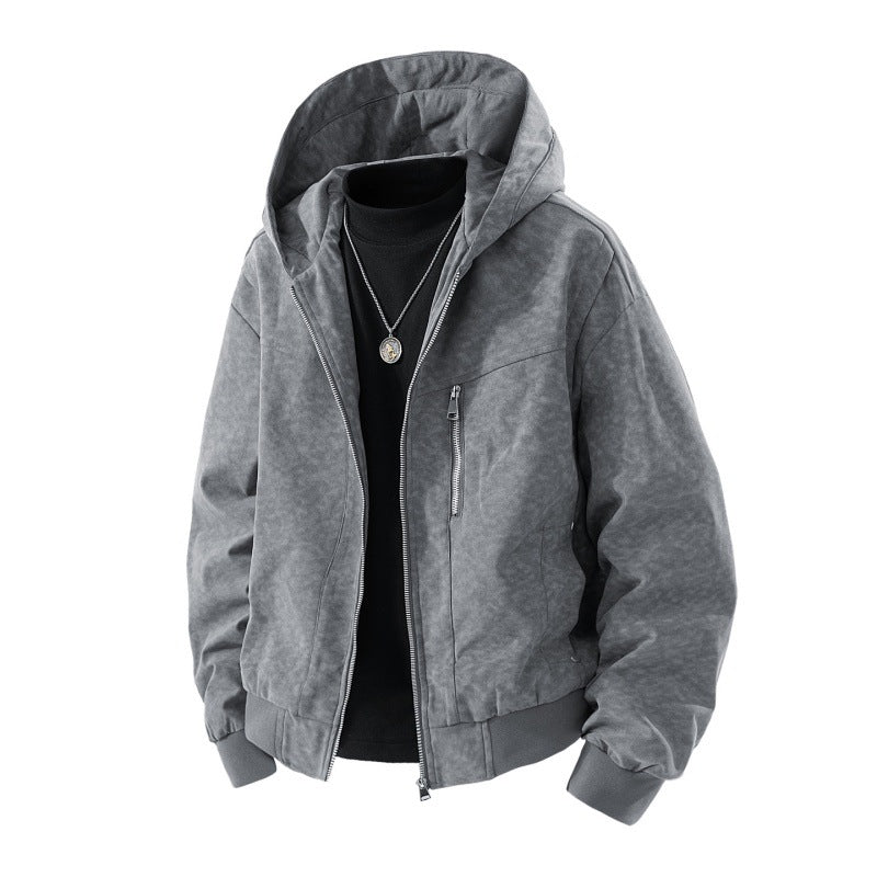 Herren Kapuzenblouson im Vintage-Suede-Look mit durchgehendem Reißverschluss und Rippenbündchen EB