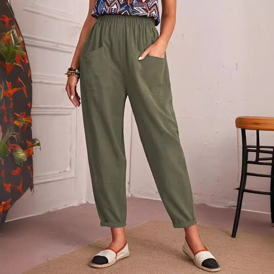 Damen Trendige Leinenhose mit elastischem Bund und praktischen Taschen EB