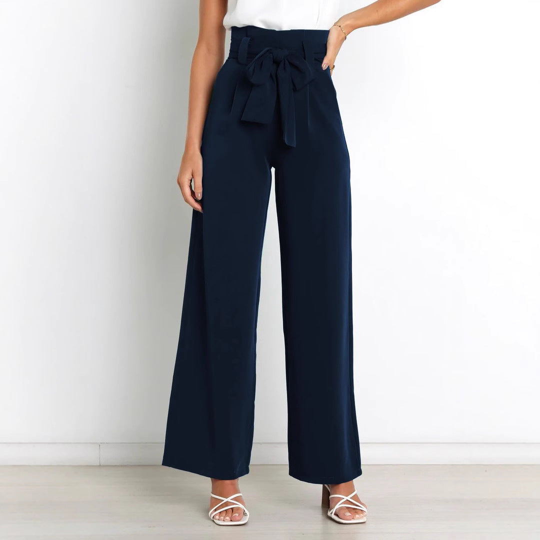 Damen Weit geschnittene High-Waist-Hose mit Binde-Gürtel und Taschen EB