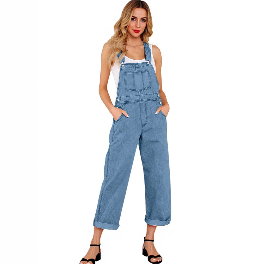 Damen lässige Denim-Latzhose mit praktischen Taschen und weiten Beinen EB