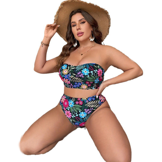 Damen Bandeau-Bikini mit floralem Design und hohem Bundeschnitt EB