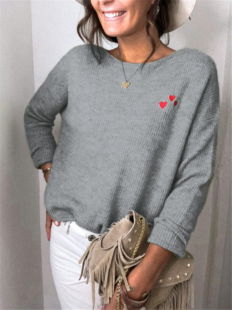Damen Feinstrickpullover mit Herz-Stickerei und legerer Passform EB