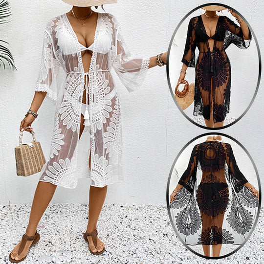 Damen transparente Häkel-Strandüberwurfjacke mit eleganten Motiven EB