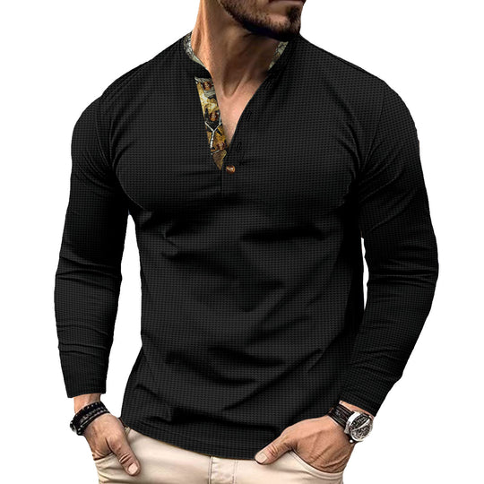 Herren nan langärmeliges Henley-Shirt mit Stehkragen und gemustertem Knopfleistenbesatz EB