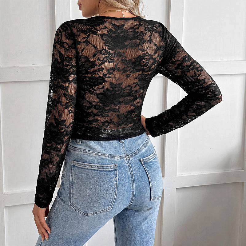 Damen Enganliegendes Spitzen-Cropped-Top mit V-Ausschnitt und Bindeband EB