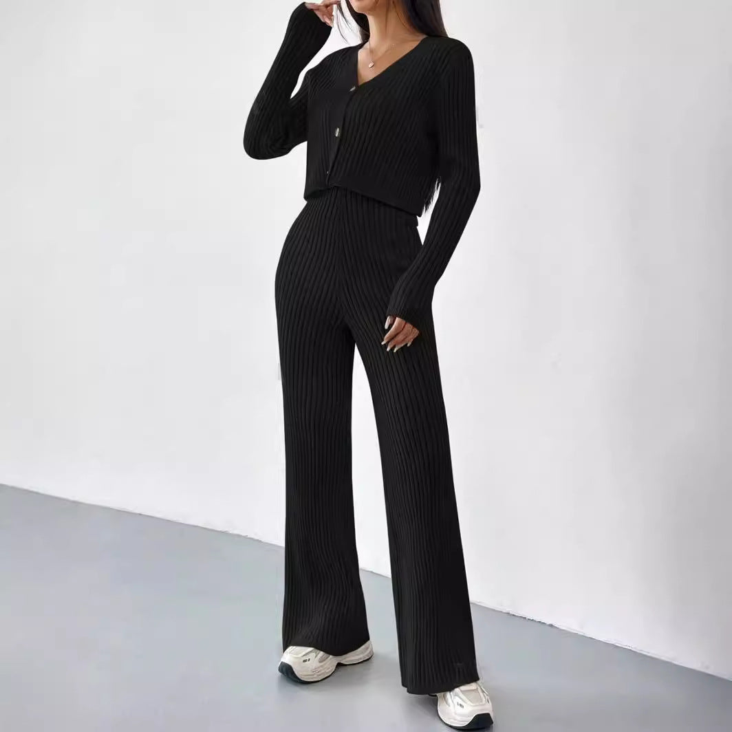 Damen elegantes Rippstrick-Set mit V-Ausschnitt und Knopfdetails EB