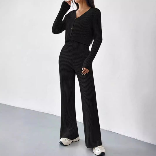 Damen elegantes Rippstrick-Set mit V-Ausschnitt und Knopfdetails EB