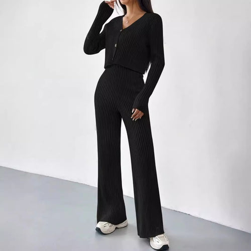 Damen elegantes Rippstrick-Set mit V-Ausschnitt und Knopfdetails EB