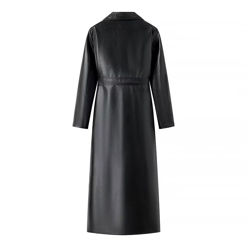 Damen elegante Kunstleder-Trenchcoat mit Gürtel EB