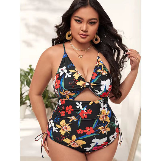 Damen Einteiler Badeanzug mit modischem Cut-Out und buntem geometrischem Design EB