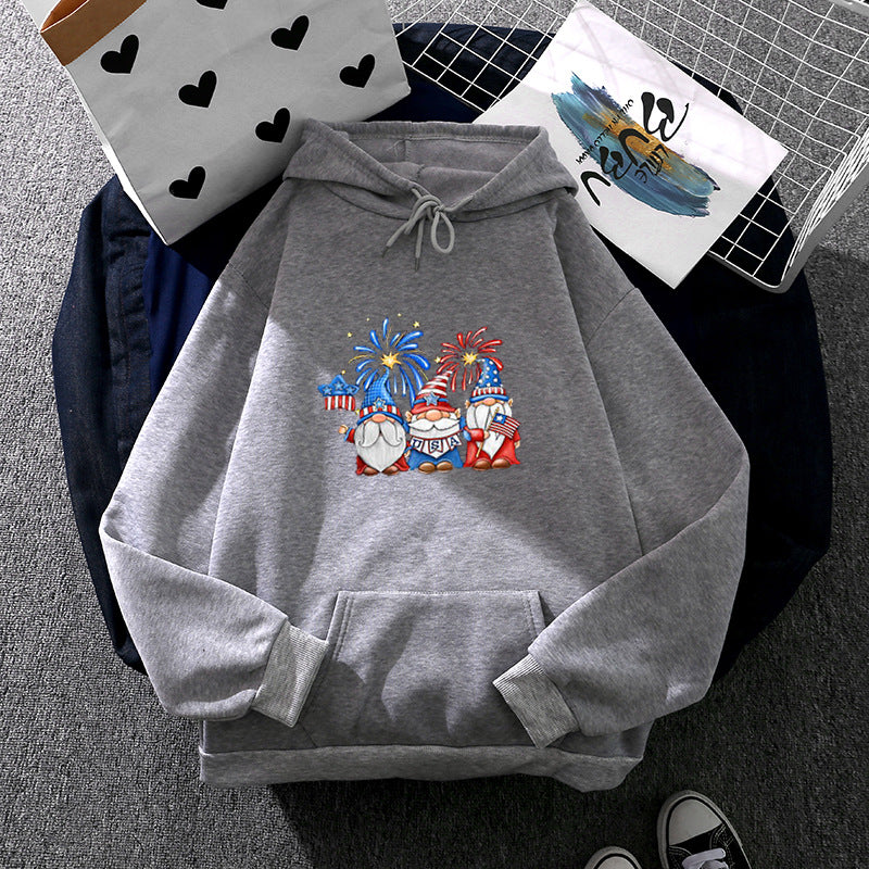 Damen nan Kapuzenpullover mit patriotischem Gartenzwerg-Print, angerautem Fleece-Innenfutter, Oversize-Schnitt und Kängurutasche EB