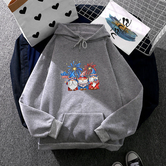 Damen nan Kapuzenpullover mit patriotischem Gartenzwerg-Print, angerautem Fleece-Innenfutter, Oversize-Schnitt und Kängurutasche EB