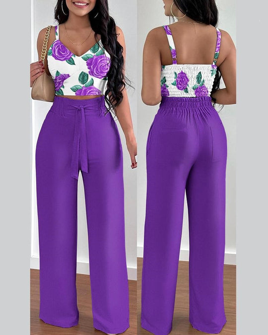 Damen Zweiteiliges Set aus floralem Oberteil und weiten Hosen EB