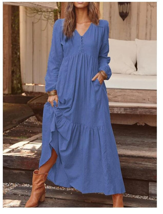 Damen nan luftiges Maxikleid mit V-Ausschnitt, Langarm und Eingrifftaschen EB
