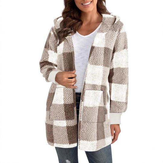 Damen Fleecejacke mit Karomuster und Kapuze EB