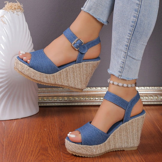Damen Wedge-Sandaletten aus strapazierfähigem Denim mit stilvollem Riemendesign EB