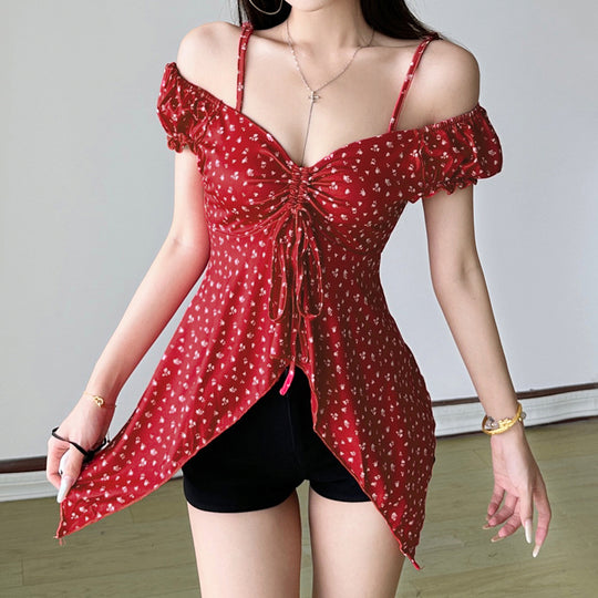 Damen Off-Shoulder-Oberteil mit süßem Blumenmuster und Raffung EB