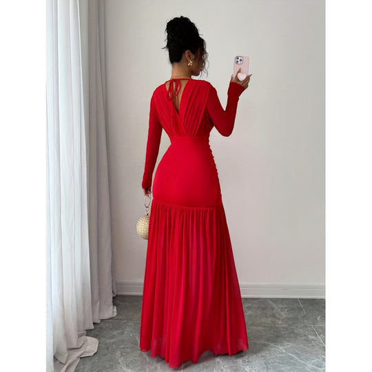 Damen Elegantes und figurbetontes Maxi-Kleid mit V-Ausschnitt und langen Ärmeln EB