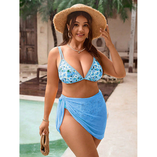 Damen Triangel-Bikini mit floralem Oberteil und transparentem Wickelrock EB