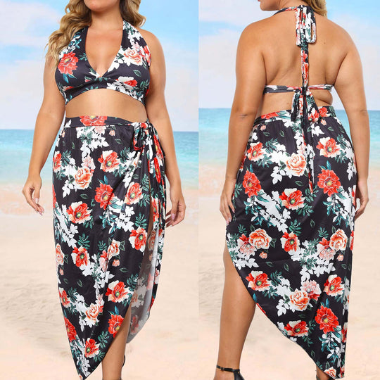 Damen Bikini-Oberteil mit floralem Design und hochgeschnittenem Rock EB