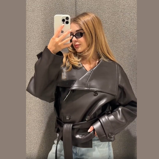 Damen Modische Cropped jacke mit doppelter Knopfleiste und breitem Kragen EB