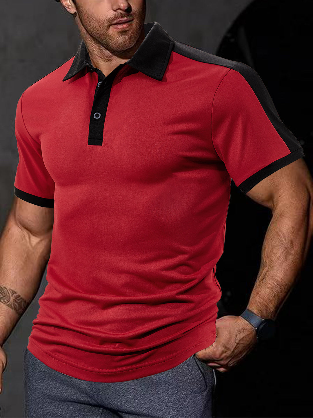 Herren nan figurnahes Kontrast-Poloshirt mit Schulterpasse und Hemdkragen EB