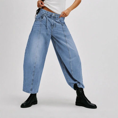 Damen Lässige Weite Denim-Hose mit Tunnelzug EB