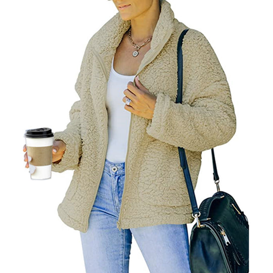Damen kuschelige Fleecejacke mit Oversized-Schnitt und tiefem Kragen EB