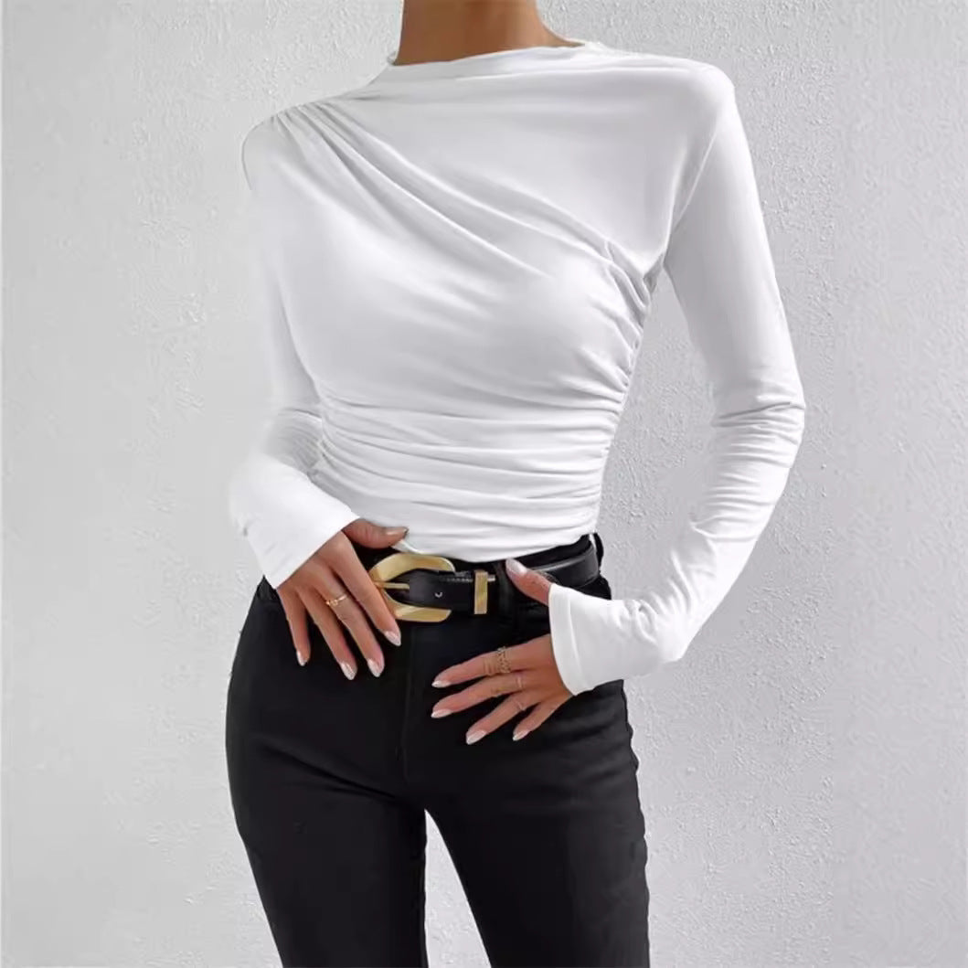 Damen nan gerafftes Langarmshirt mit asymmetrischem U-Boot-Ausschnitt und figurbetonter Silhouette EB