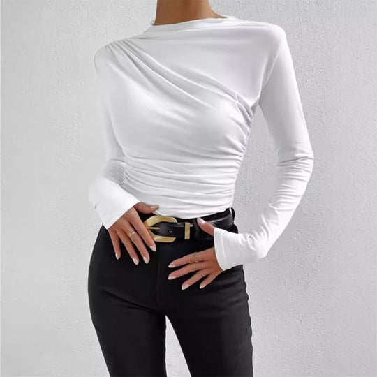 Damen nan gerafftes Langarmshirt mit asymmetrischem U-Boot-Ausschnitt und figurbetonter Silhouette EB