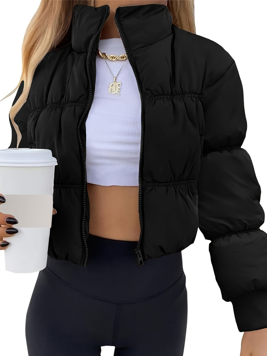 Damen gesteppte Kurzjacke mit hohem Kragen und voluminösem Schnitt EB