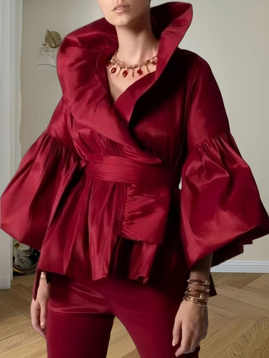 Damen Elegante Wickeljacke mit voluminösen Ärmeln und modernem Kragen EB