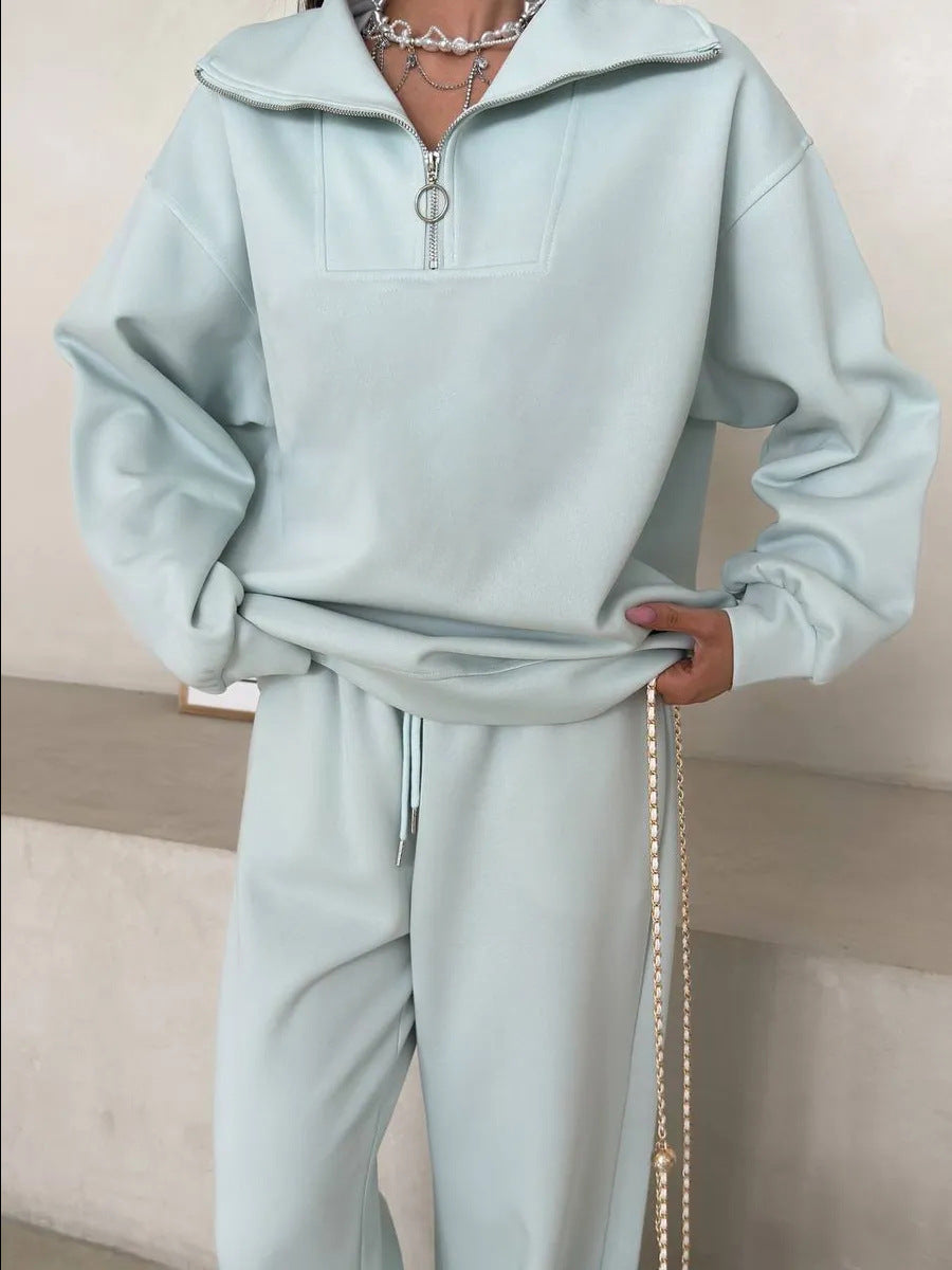 Damen Loungewear-Set mit halbem Reißverschluss und weiter Bügelfalten-Hose EB