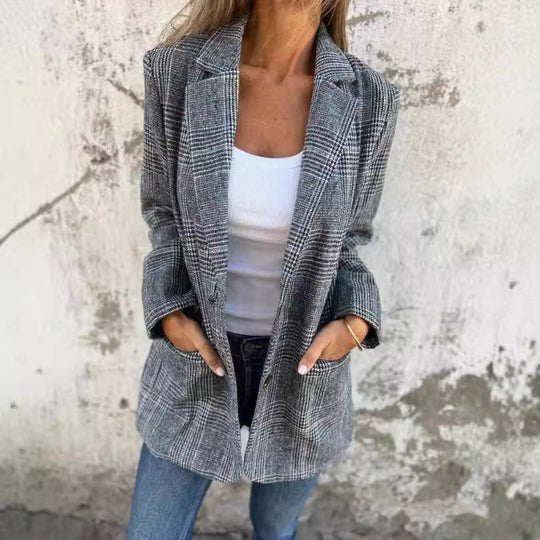 Damen nan oversized Karoblazer mit Reverskragen und aufgesetzten Taschen EB