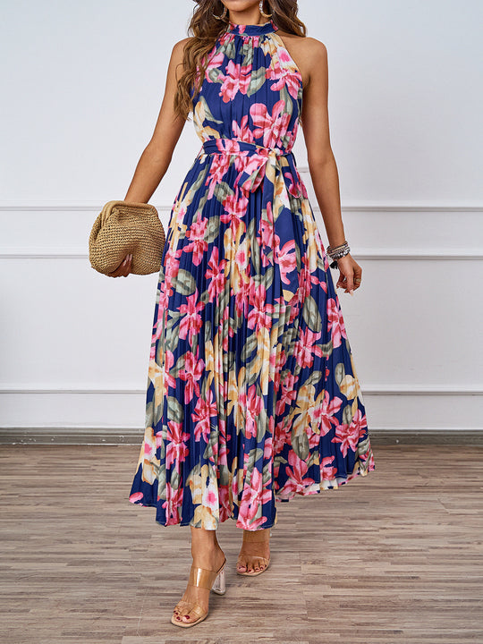 Damen Maxikleid mit detaillierter Plisseeverarbeitung und schickem Bindegürtel EB