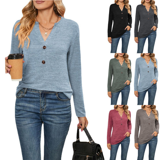 Damen Langarm-Hemd mit Knopfleiste und elegantem V-Ausschnitt EB
