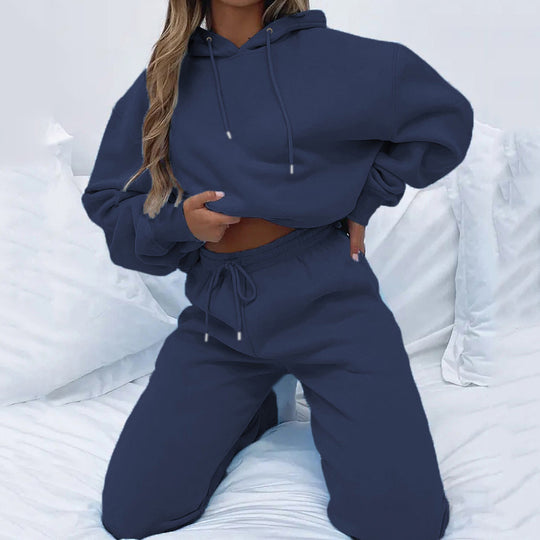 Damen kuscheliges Cropped-Kapuzen-Lounge-Set mit hochgeschnittener Tunnelzug-Jogginghose EB