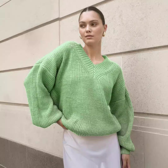 Damen lässiger Pullover mit V-Ausschnitt und voluminösen Ärmeln EB
