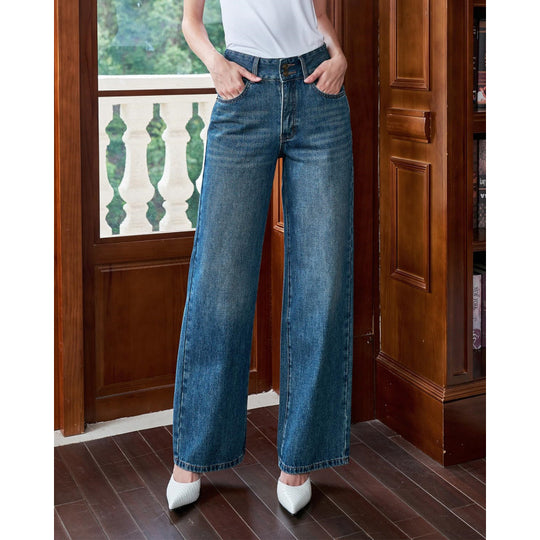 Damen Weit geschnittene Jeans mit hohem Bund und klassischem Denim-Look EB