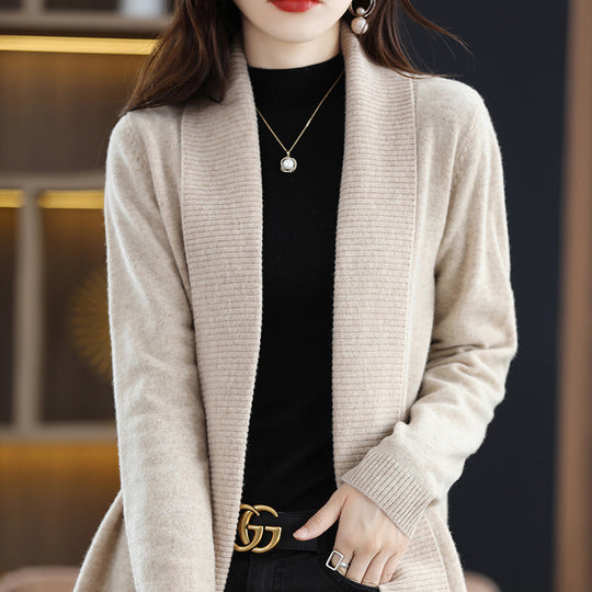 Damen Strickjacke mit eleganten Rippenstrukturen und offenem Schnitt EB