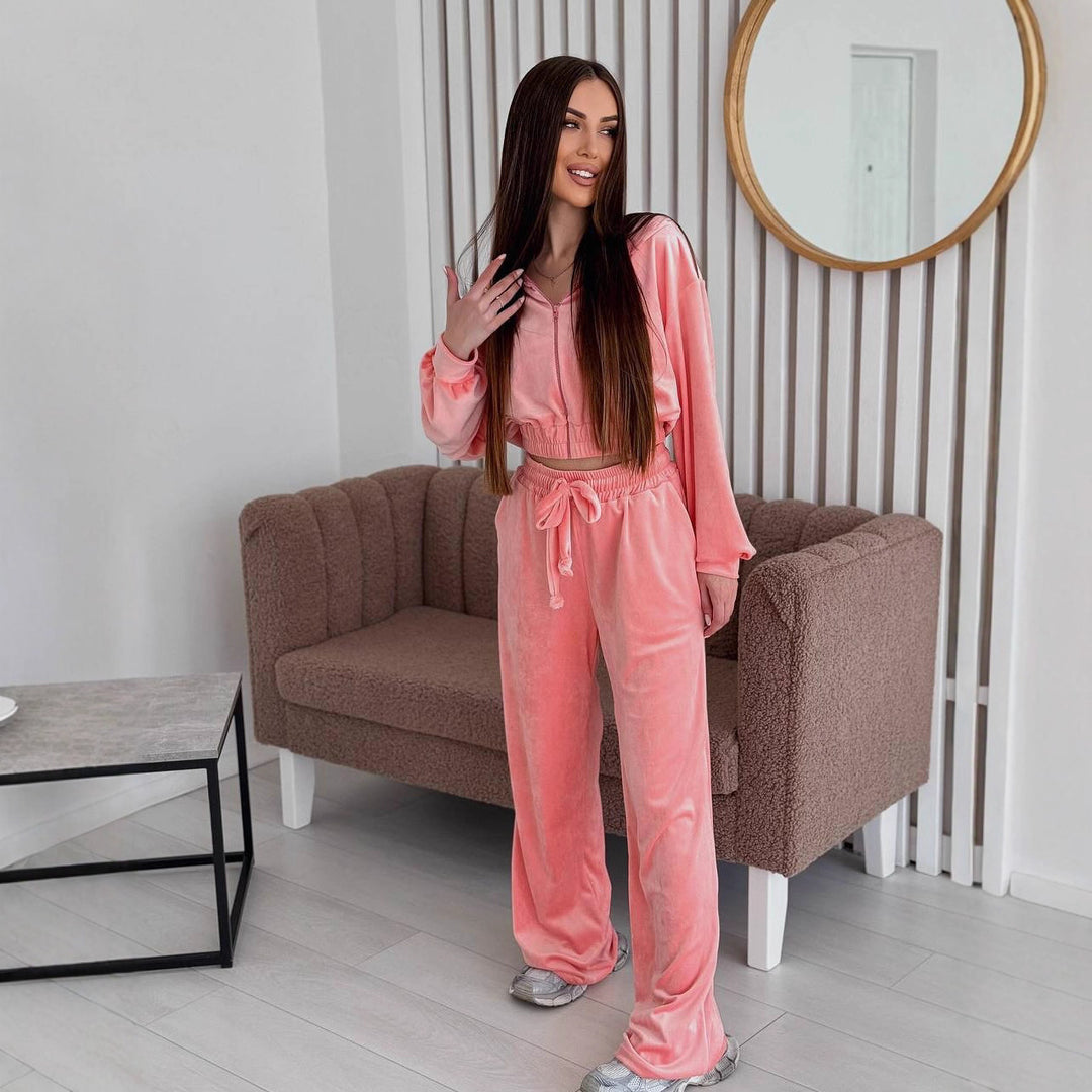 Damen Zweiteiliges Samt-Loungewear-Set mit Cropped-Zipjacke und weiter High-Waist-Sweathose EB