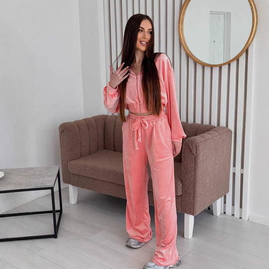 Damen Zweiteiliges Samt-Loungewear-Set mit Cropped-Zipjacke und weiter High-Waist-Sweathose EB