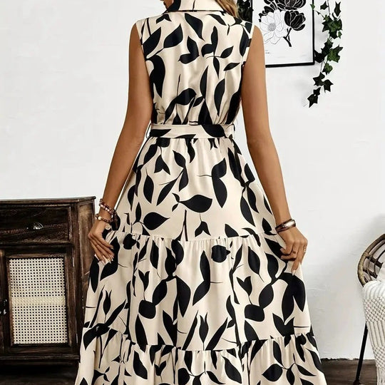 Damen Maxikleid mit geschichtetem Rock und elegantem Taillengürtel EB