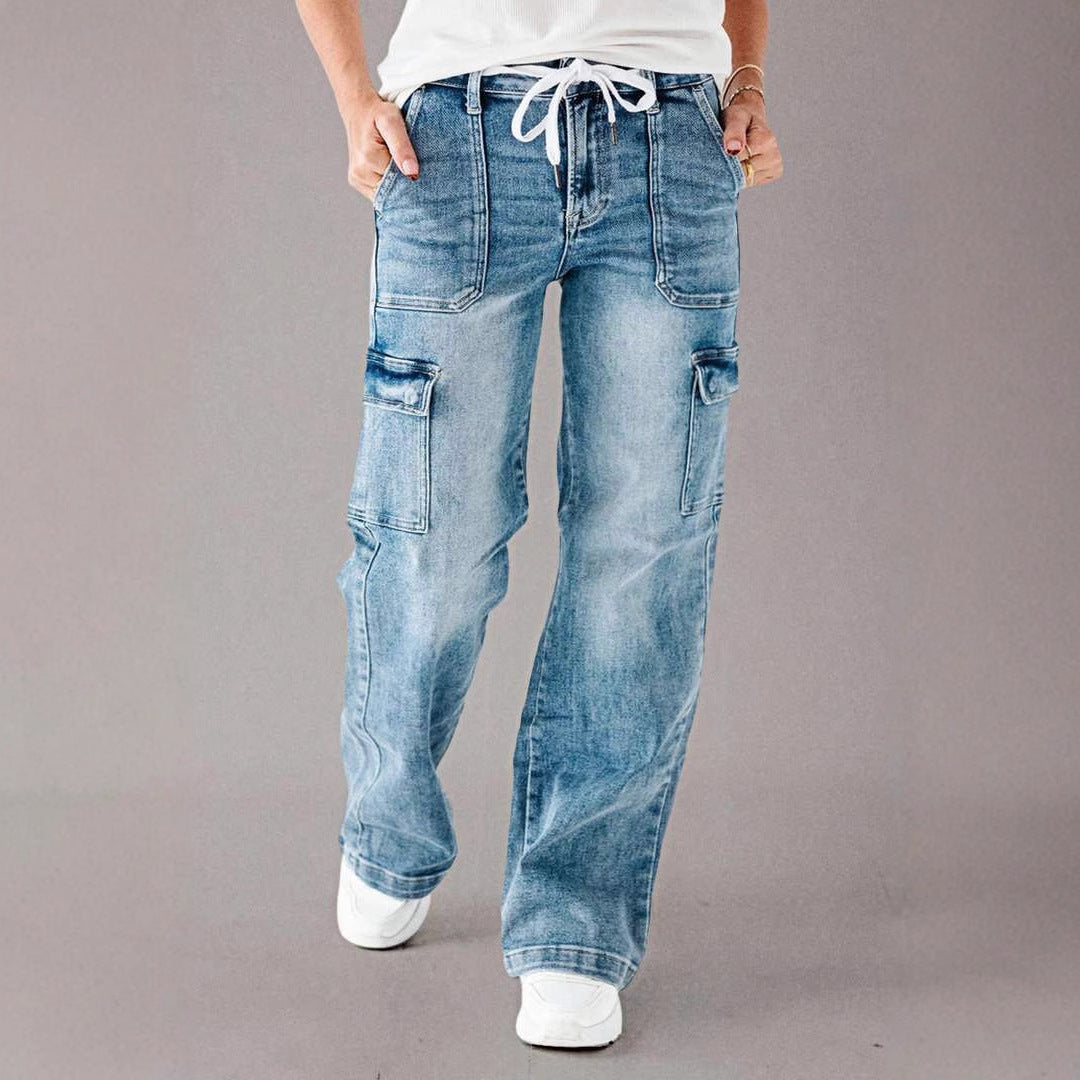 Damen Cargo-Jeans mit weitem Bein und verstellbarem Bund EB