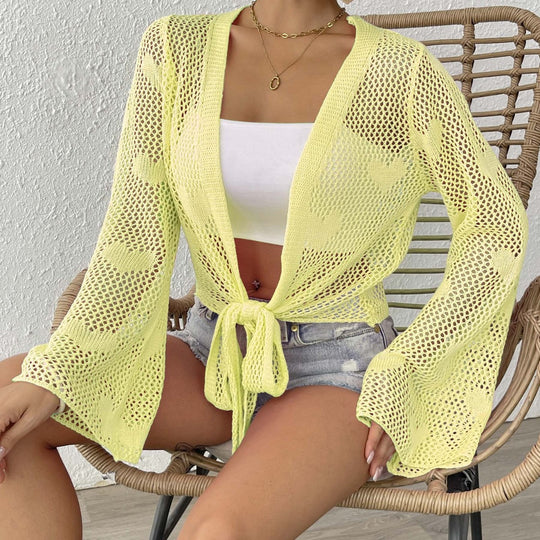 Damen luftiger Strick-Kimono mit offener Front und Kordelzug EB