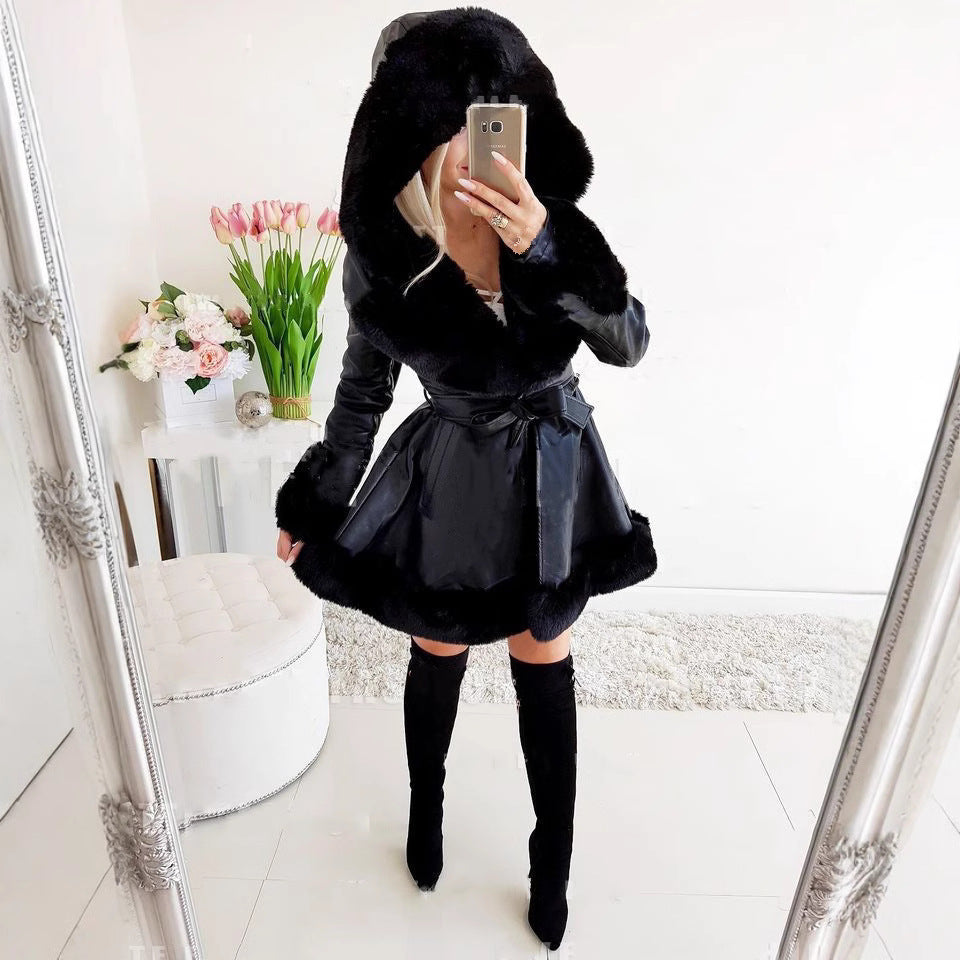 Damen modische Kunstlederjacke mit Teddyfutter EB