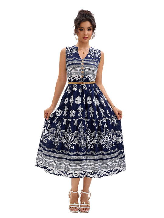 Damen Maxikleid mit dekorativem Knopfverschluss und floralem Muster EB