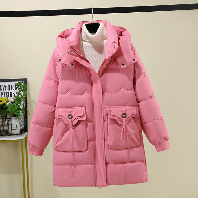 Damen Lange Pufferjacke mit praktischem Kapuzenkragen und großen Taschen EB