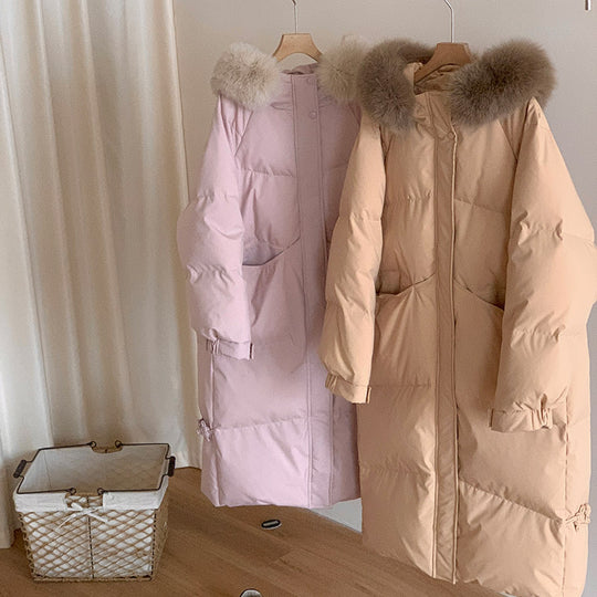Damen Lange gefütterte Winterjacke mit hochwertigem Kunstfellkragen und praktischen Taschen EB